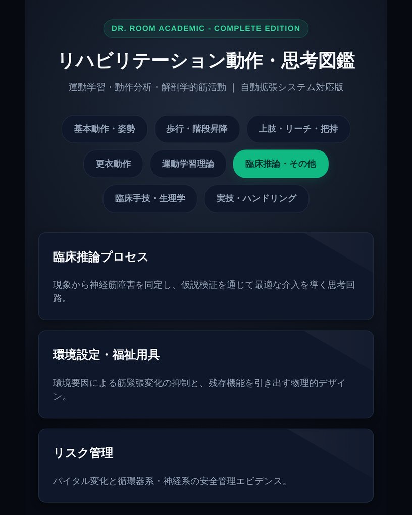 臨床図鑑のタブ一覧。基本動作・姿勢から実技・ハンドリングまで8つのタブとカードが並んでいる